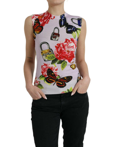 Dolce &amp; Gabbana Tanktop mit mehrfarbigem Blumenmuster und Vorhängeschloss und Schmetterling