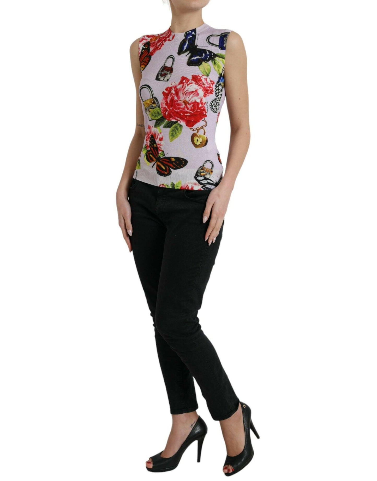 Dolce &amp; Gabbana Tanktop mit mehrfarbigem Blumenmuster und Vorhängeschloss und Schmetterling
