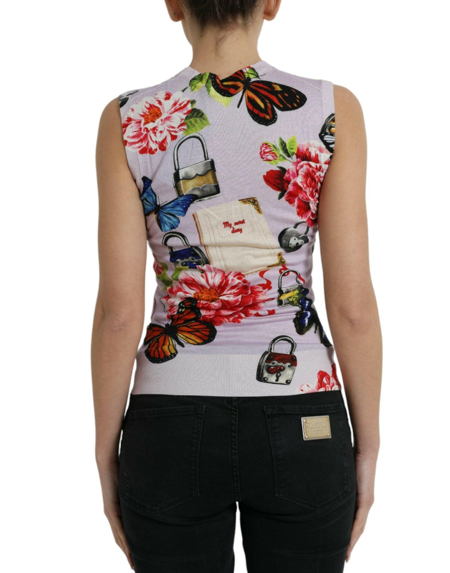 Dolce &amp; Gabbana Tanktop mit mehrfarbigem Blumenmuster und Vorhängeschloss und Schmetterling