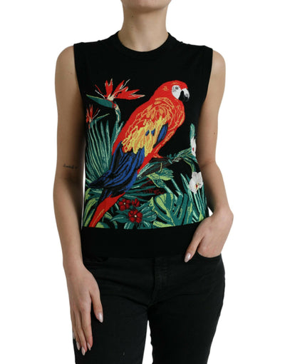 Dolce &amp; Gabbana – Schwarzes, ärmelloses Tanktop mit Rundhalsausschnitt „Jungle“