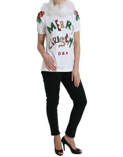 Dolce &amp; Gabbana Weißes Baumwoll-T-Shirt mit Weihnachtspailletten und Pelz