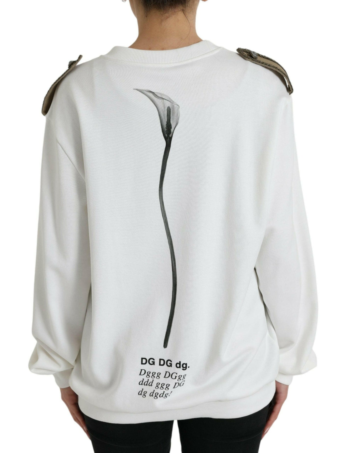 Dolce & Gabbana White Floral Cotton Crew Neck Pullover Sweater