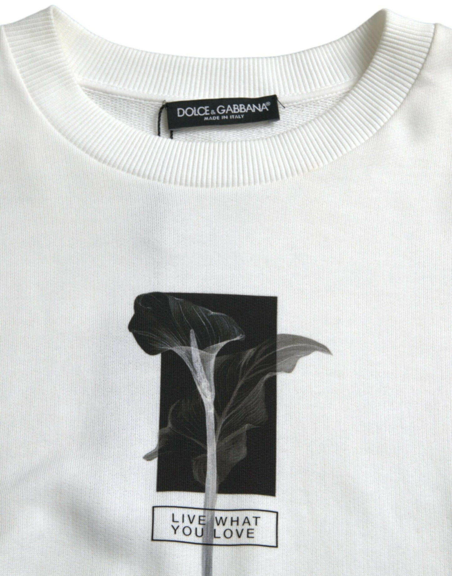 Dolce & Gabbana White Floral Cotton Crew Neck Pullover Sweater