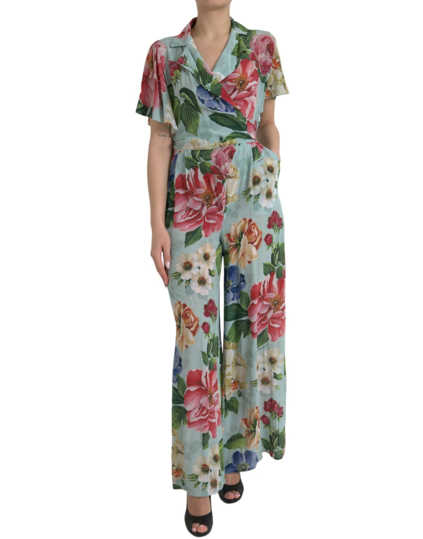Dolce & Gabbana Blue Floral Wide Leg Wrap Jumpsuit Dress