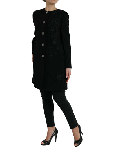 Dolce & Gabbana Black Floral Wool Button Embellished Jacket