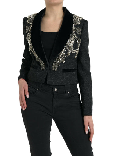 Dolce & Gabbana Black Crystal Embellished Overcoat Jacket