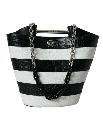 Balenciaga Black White Striped Exotic Skin Leather Maxi Bucket Tote Bag