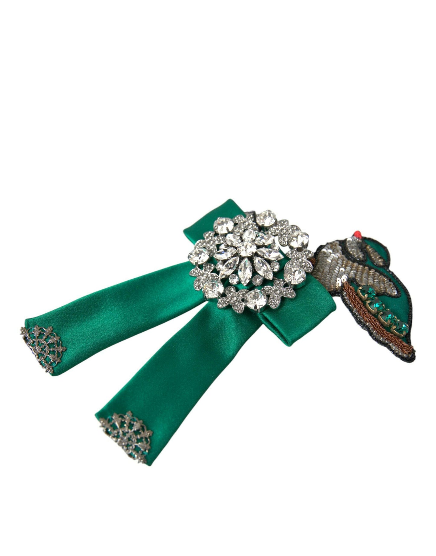 Pince à cheveux Dolce &amp; Gabbana en satin vert avec oiseau et cristaux pour femme