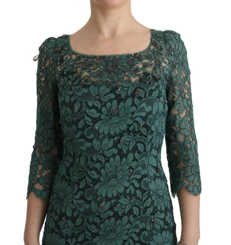 Dolce &amp; Gabbana - Élégante robe fourreau verte ornée de cristaux