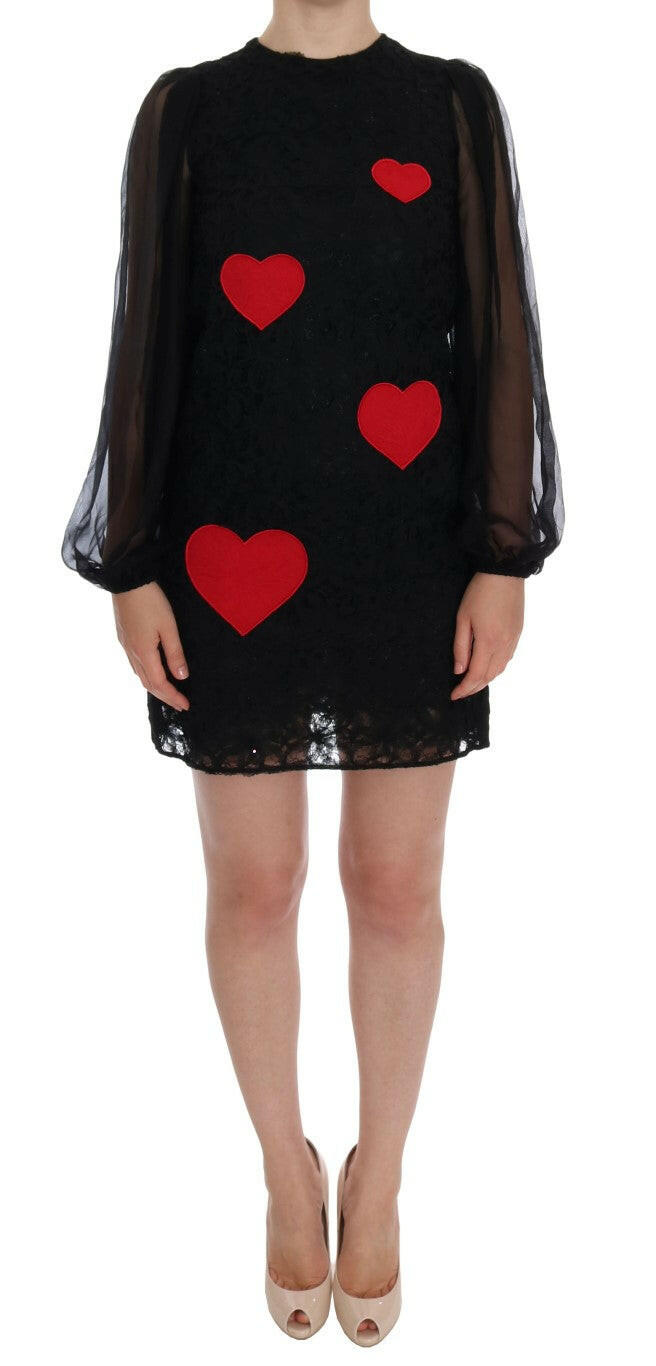 Robe droite élégante en dentelle noire avec appliques en forme de cœur Dolce &amp; Gabbana