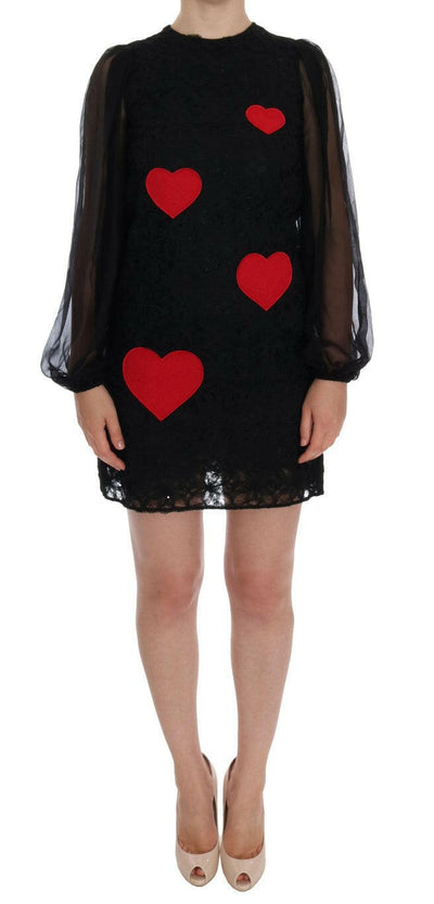 Robe droite élégante en dentelle noire avec appliques en forme de cœur Dolce &amp; Gabbana