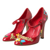 Dolce & Gabbana Red Leather Embellished Mary Jane Pumps Heels Shoes