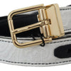 Dolce &amp; Gabbana Weiß-Schwarzer Patchwork-Gürtel mit goldener Metallschnalle