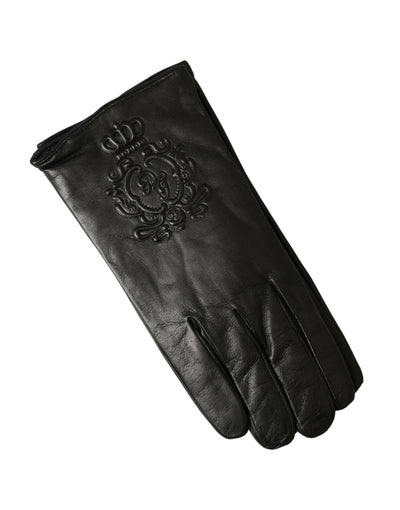 Dolce &amp; Gabbana – Kurze Handschuhe aus schwarzem Leder mit geprägtem Logo