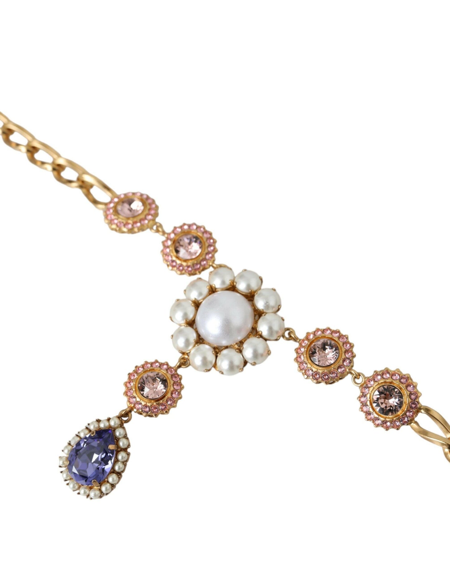 Collier Dolce &amp; Gabbana avec pendentifs en laiton doré et perles violettes et roses