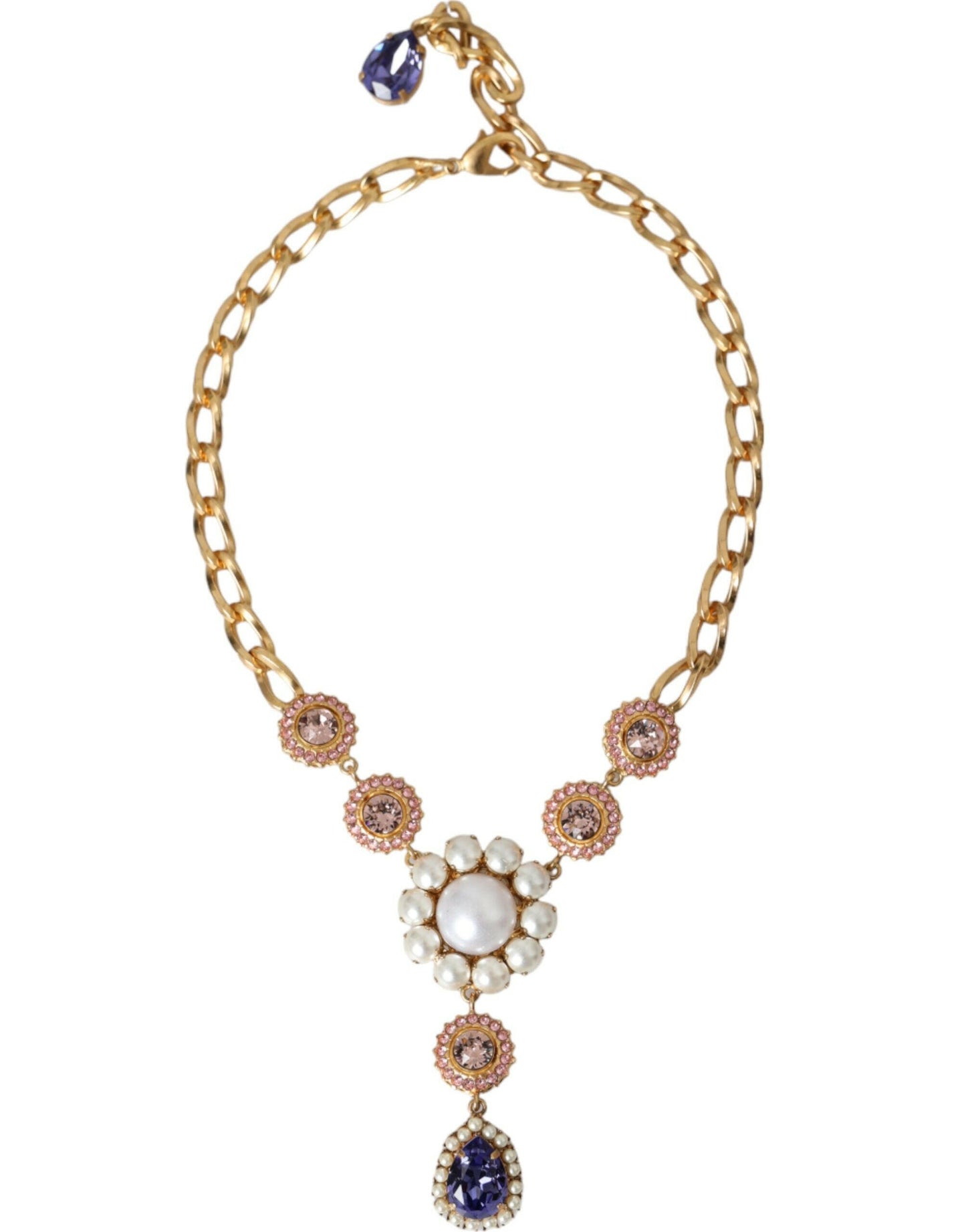 Collier Dolce &amp; Gabbana avec pendentifs en laiton doré et perles violettes et roses