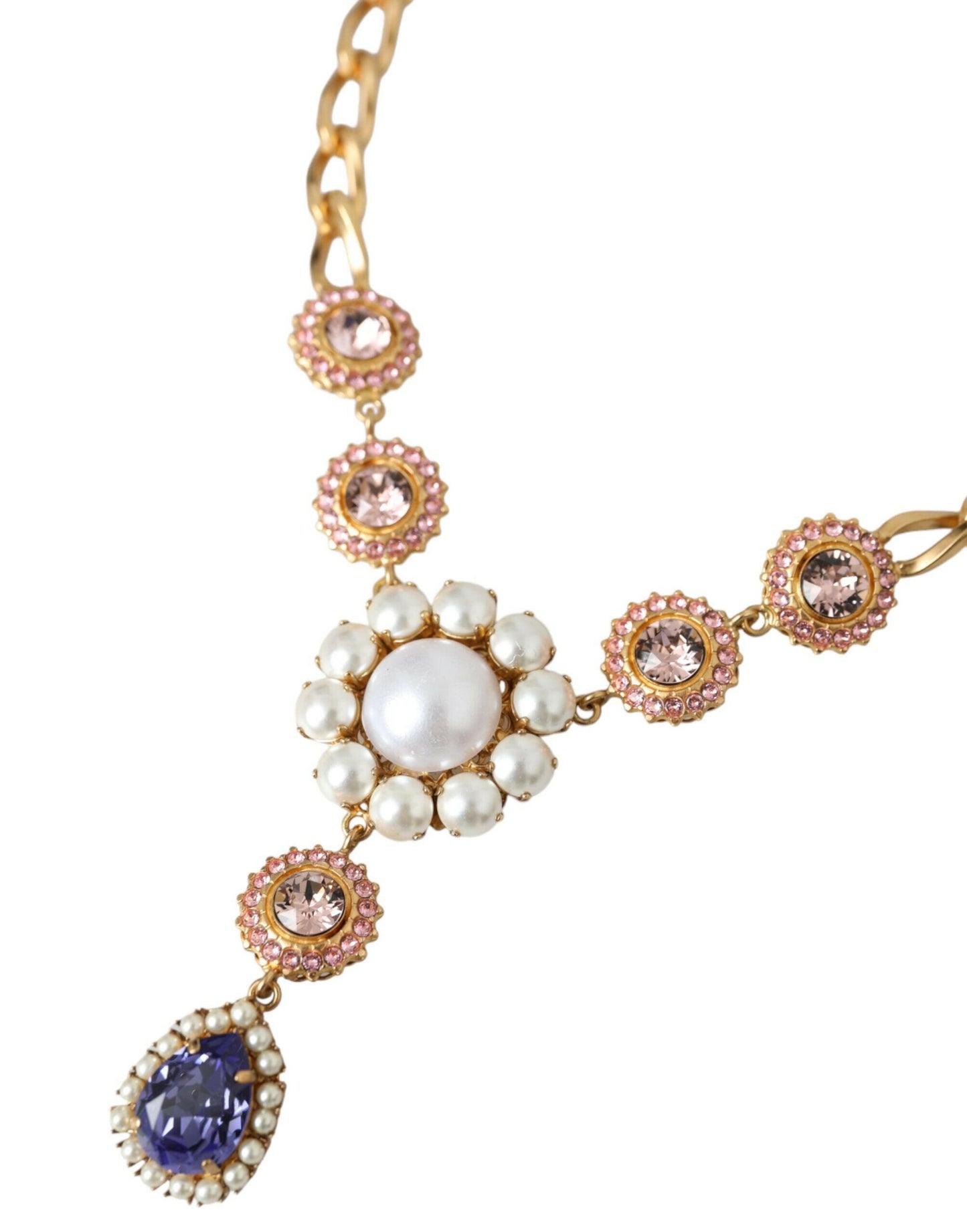 Collier Dolce &amp; Gabbana avec pendentifs en laiton doré et perles violettes et roses