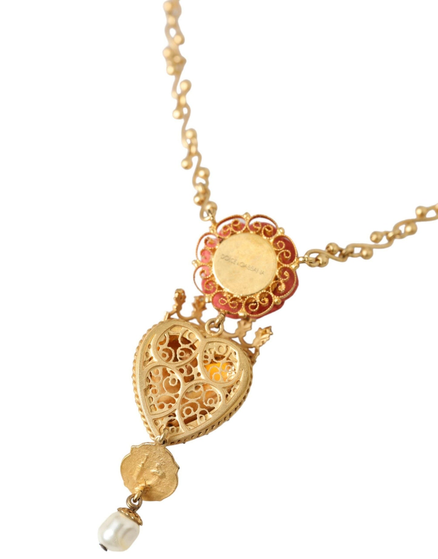 Collier Dolce &amp; Gabbana en laiton doré avec pendentif en cristal rose Sacré-Cœur