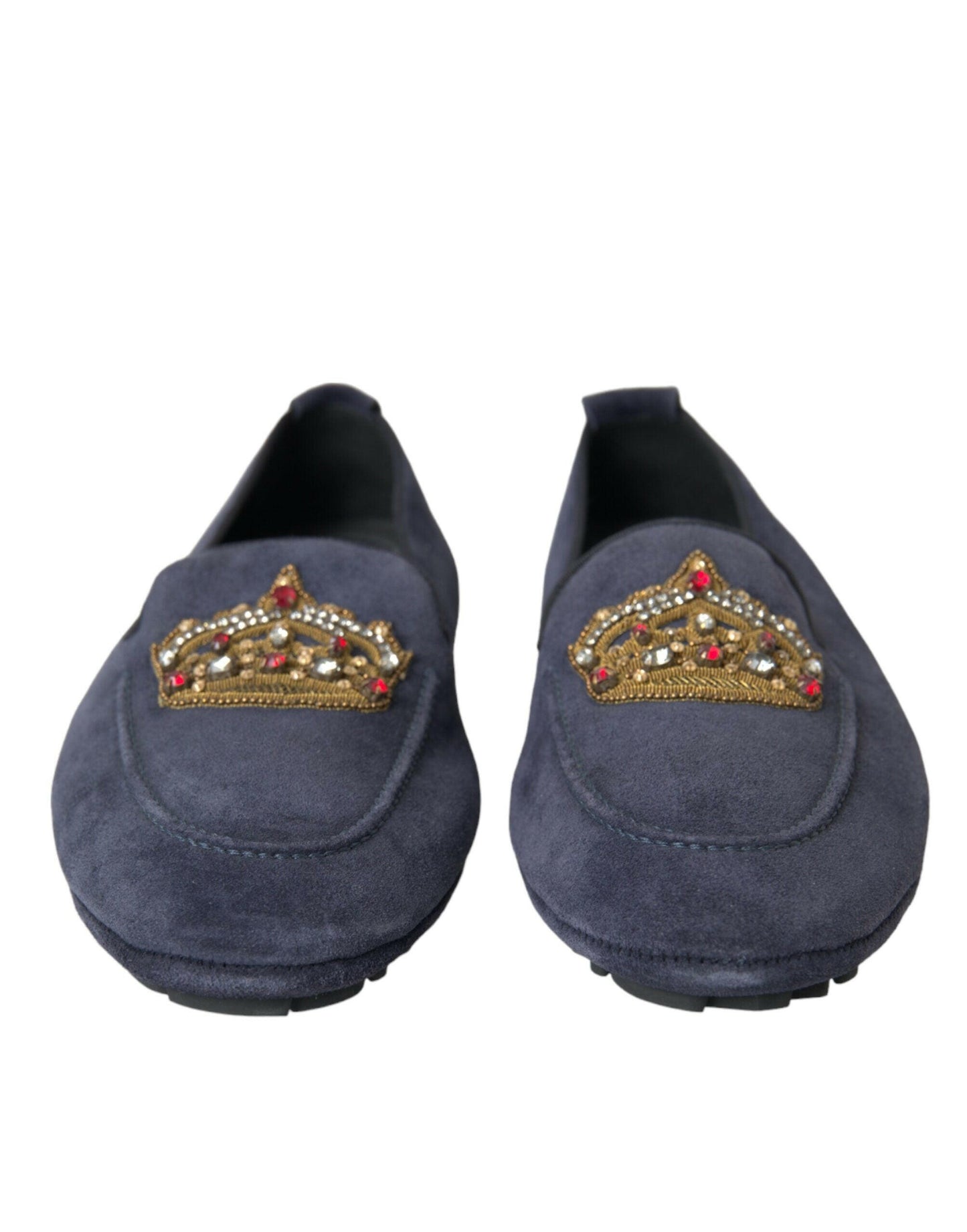 Dolce &amp; Gabbana – Loafer-Schuhe aus blauem Wildleder mit Kristallkrone