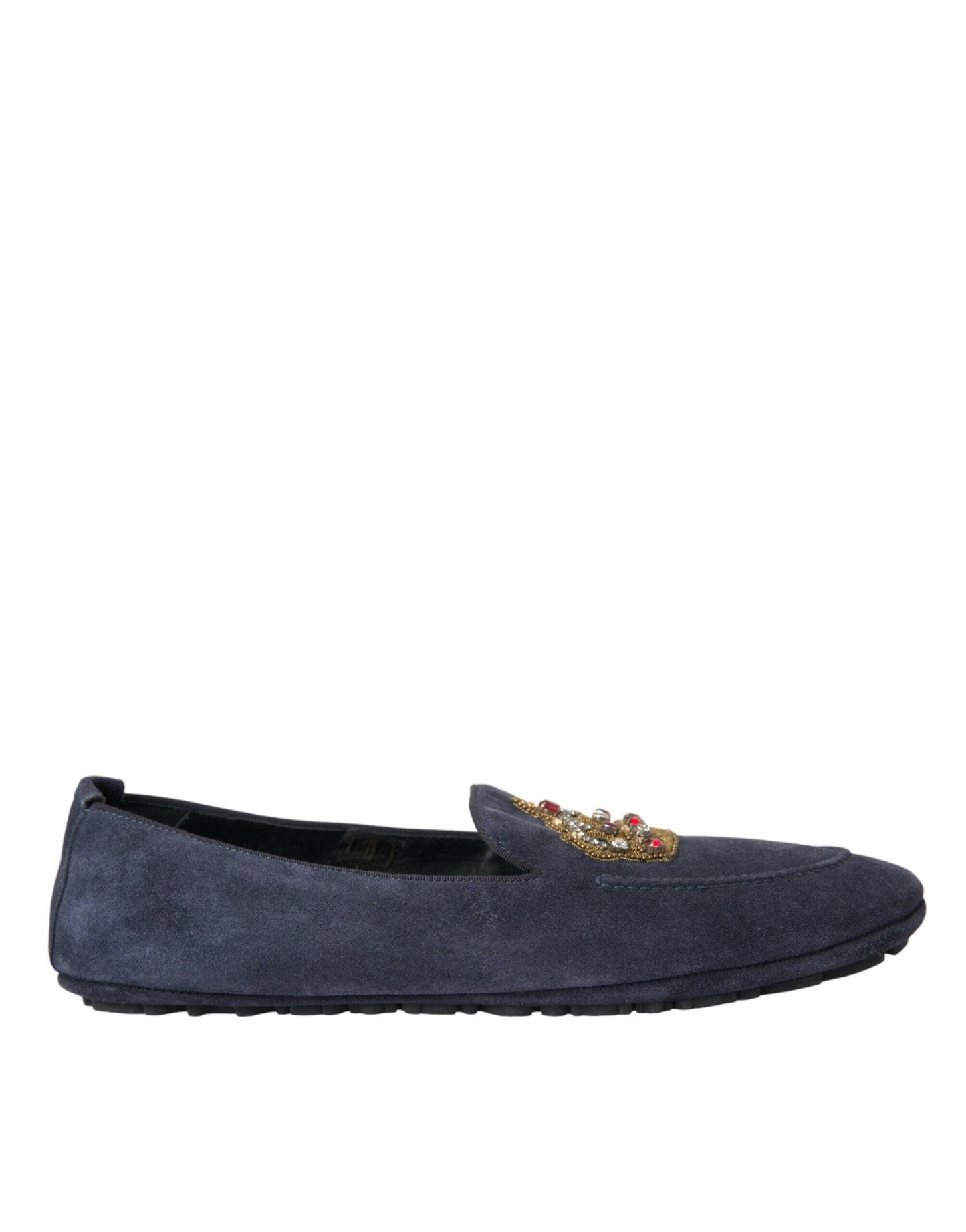 Dolce &amp; Gabbana – Loafer-Schuhe aus blauem Wildleder mit Kristallkrone