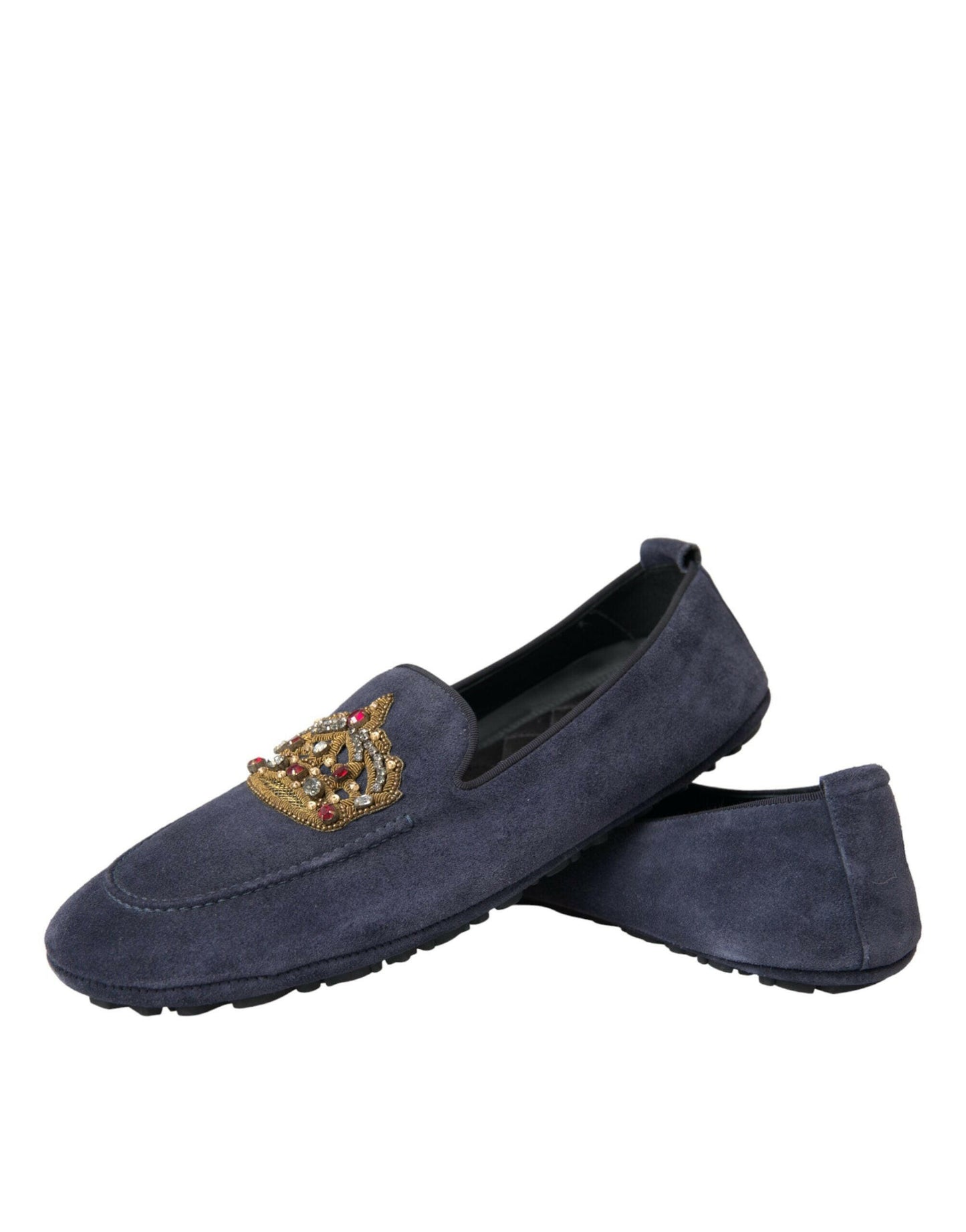 Dolce &amp; Gabbana – Loafer-Schuhe aus blauem Wildleder mit Kristallkrone