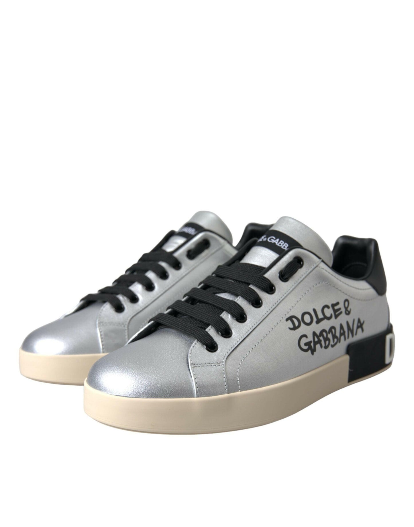 Dolce &amp; Gabbana Silberne Portofino-Sneakers aus Kalbsleder Herren Schuhe