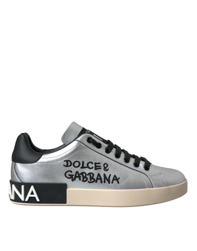 Dolce &amp; Gabbana Silberne Portofino-Sneakers aus Kalbsleder Herren Schuhe