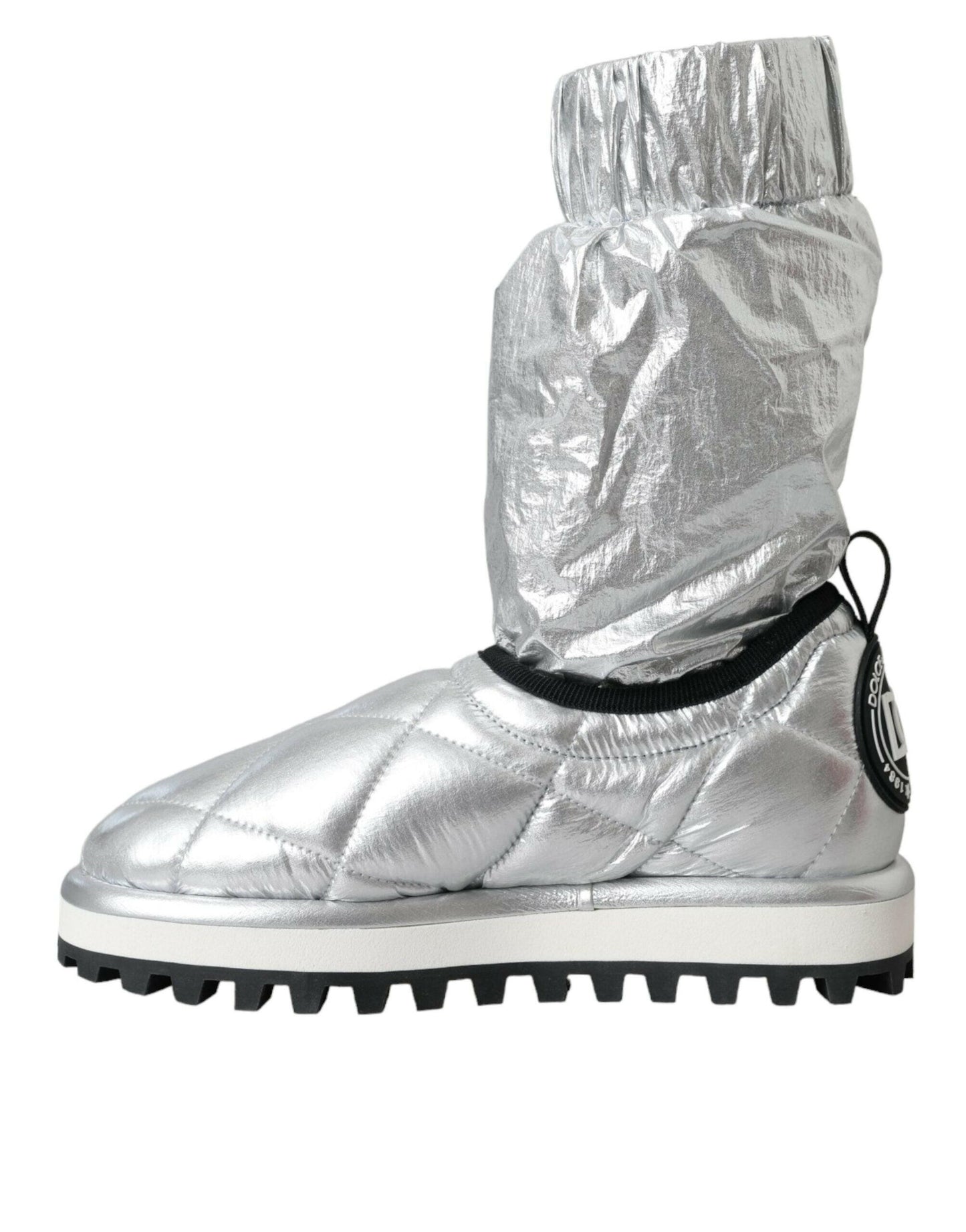 Dolce & Gabbana Metallic Silver Quilted Logo Patch Boot Shoes
