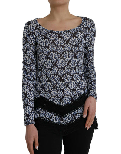 Just Cavalli Blaue Bluse mit Blumenspitze und langen Ärmeln