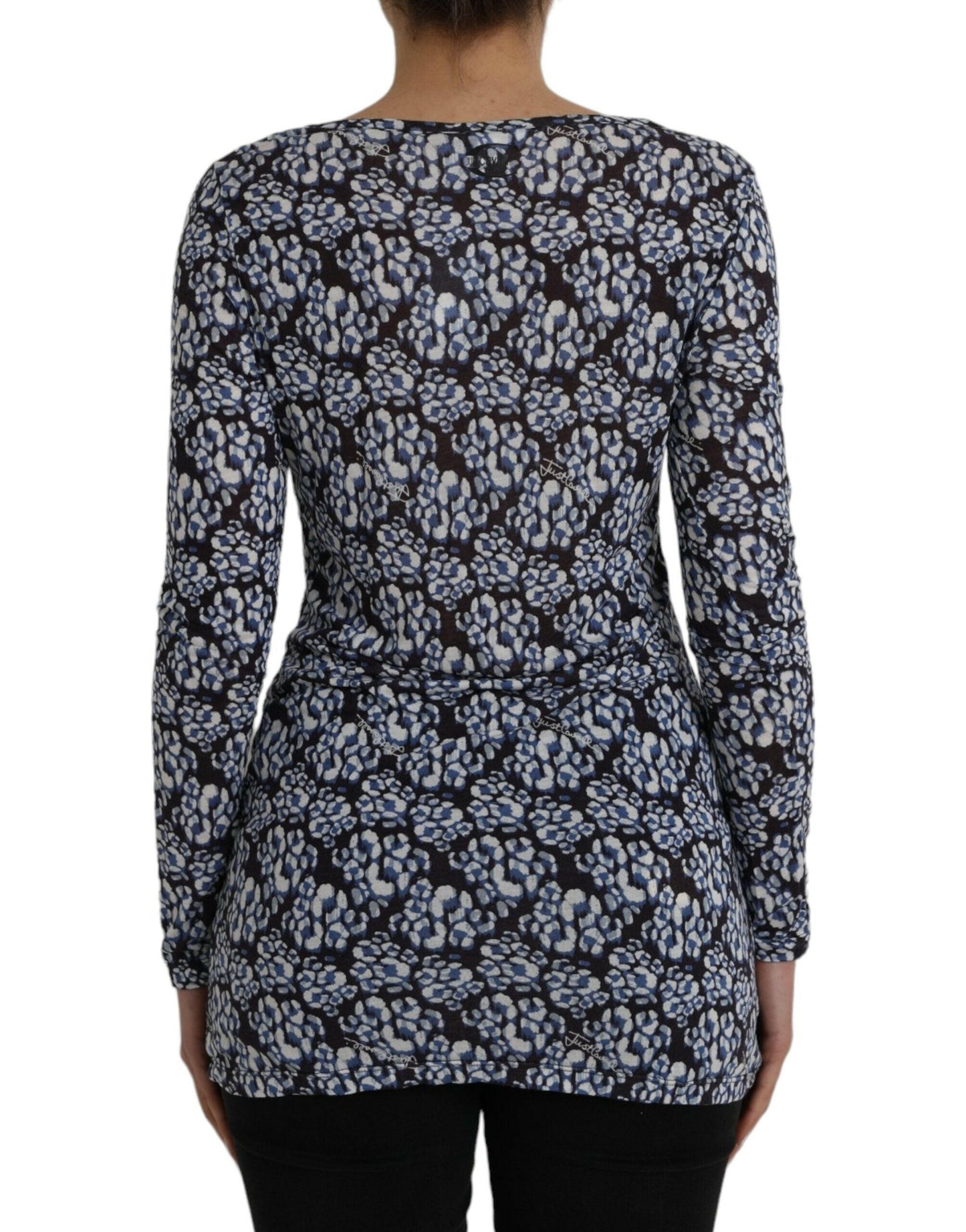 Just Cavalli Blaue Bluse mit Blumenspitze und langen Ärmeln