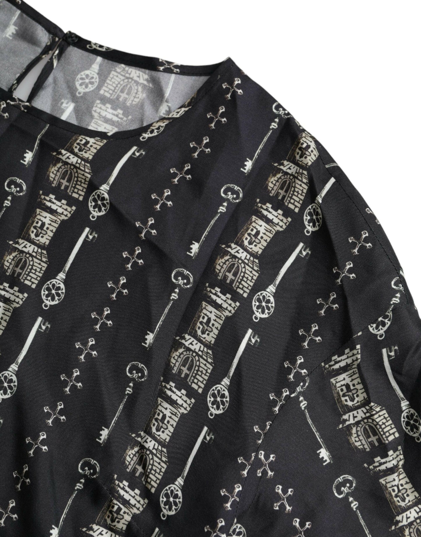 Dolce &amp; Gabbana – Schwarzes Seidenblusen-T-Shirt mit Schloss-Print