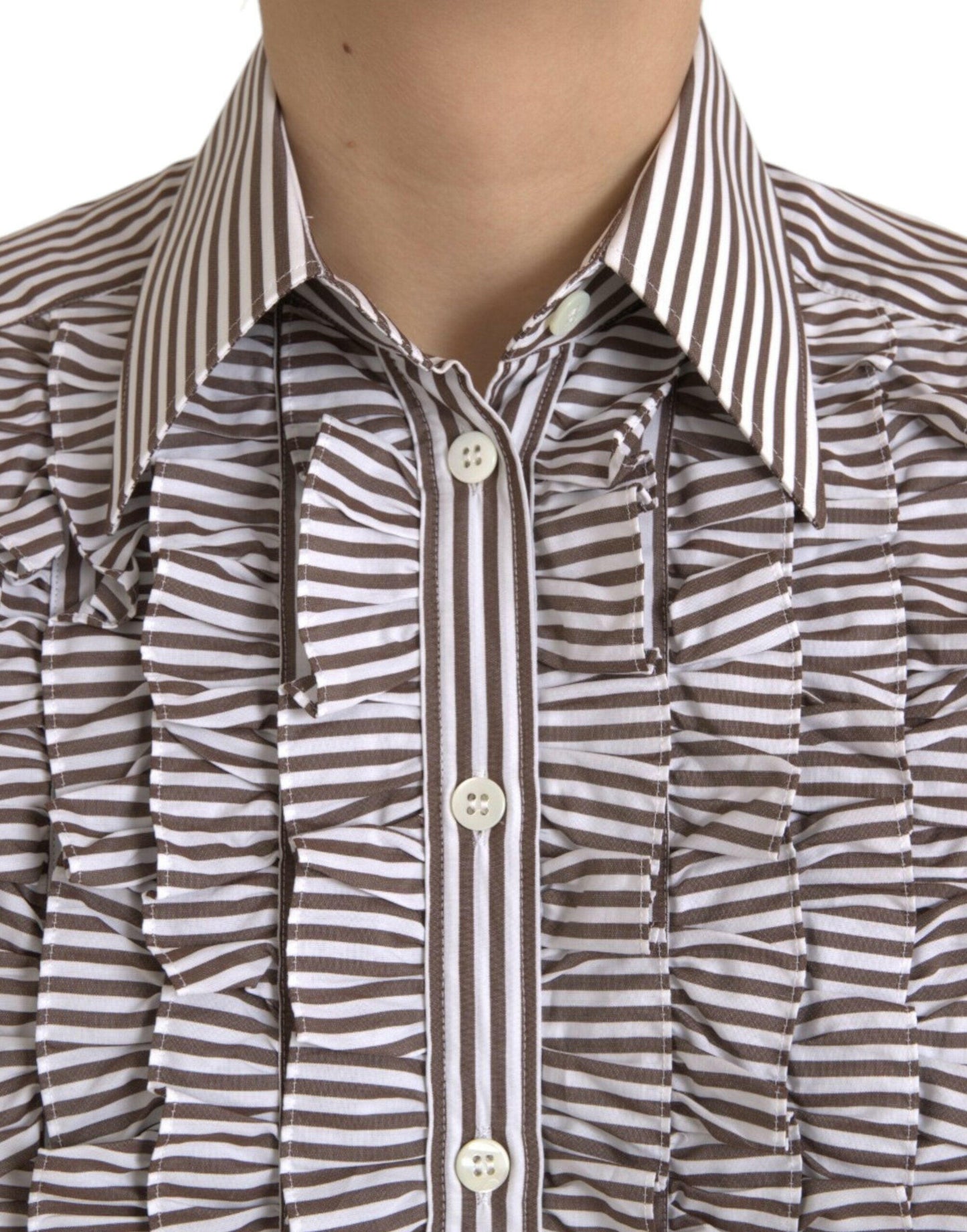 Dolce &amp; Gabbana – Langärmliges Oberteil aus Baumwolle mit weißen Streifen und Rüschenkragen