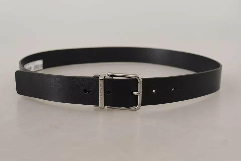 Dolce & Gabbana Black Calf Leather Logo Engraved Metal Buckle Belt