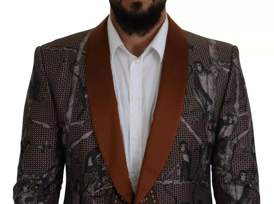 Dolce & Gabbana Bronze Monkey Print Silk Slim Jacket Blazer
