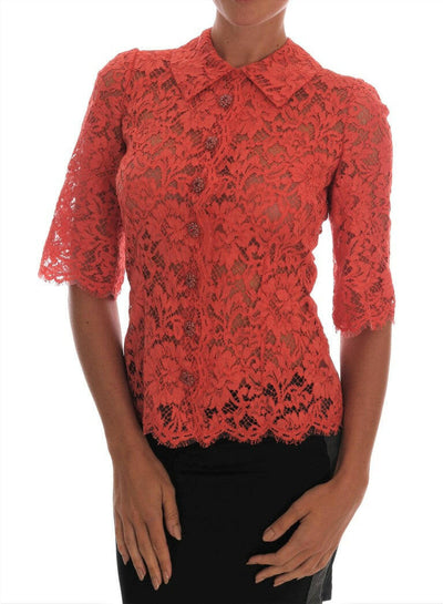 Dolce &amp; Gabbana Élégant chemisier cardigan orange en dentelle florale et cristaux