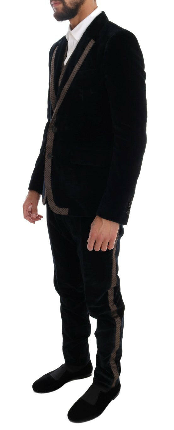 Dolce &amp; Gabbana – Schmaler, dreiteiliger Anzug aus blauem Samt mit zwei Knöpfen