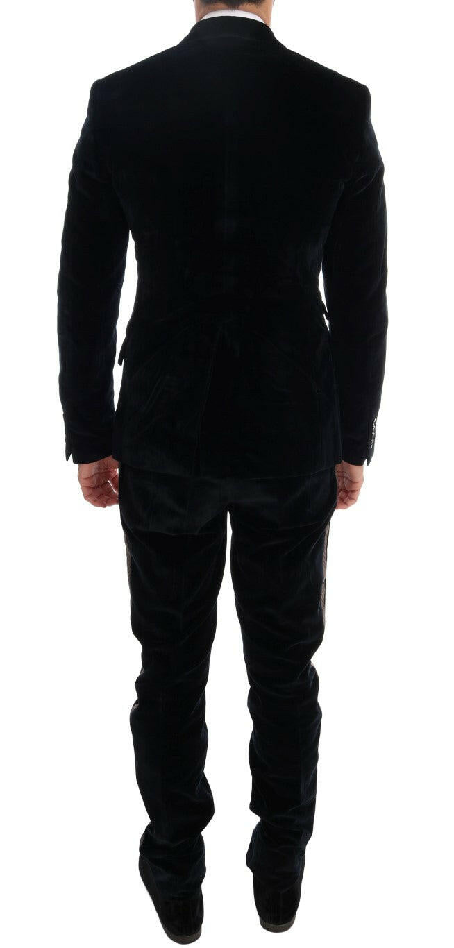 Dolce &amp; Gabbana – Schmaler, dreiteiliger Anzug aus blauem Samt mit zwei Knöpfen