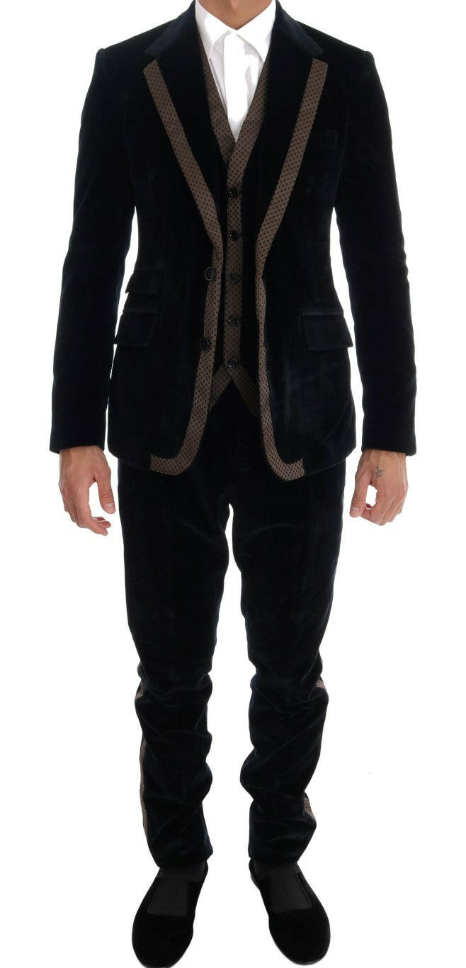 Dolce &amp; Gabbana – Schmaler, dreiteiliger Anzug aus blauem Samt mit zwei Knöpfen