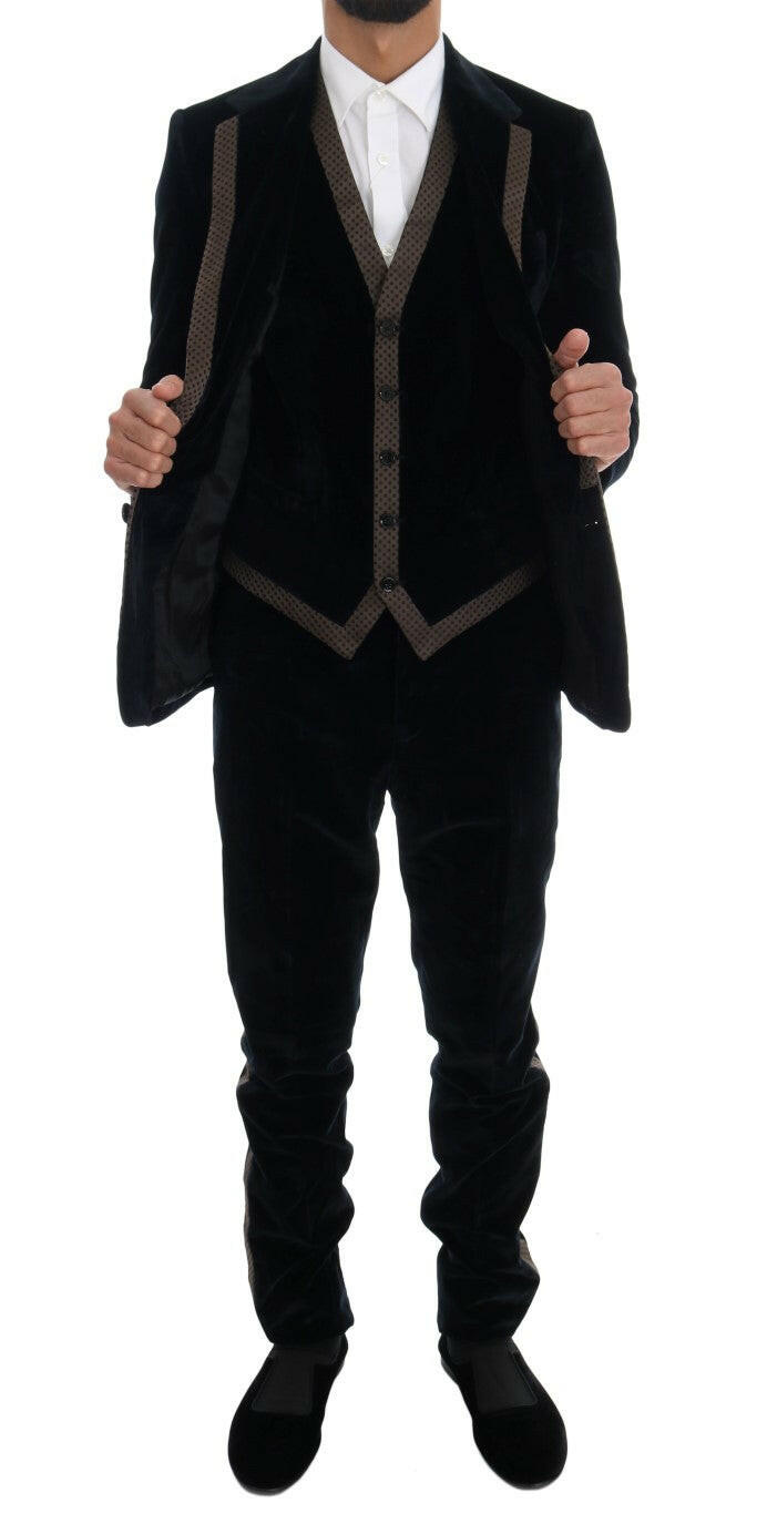 Dolce &amp; Gabbana – Schmaler, dreiteiliger Anzug aus blauem Samt mit zwei Knöpfen