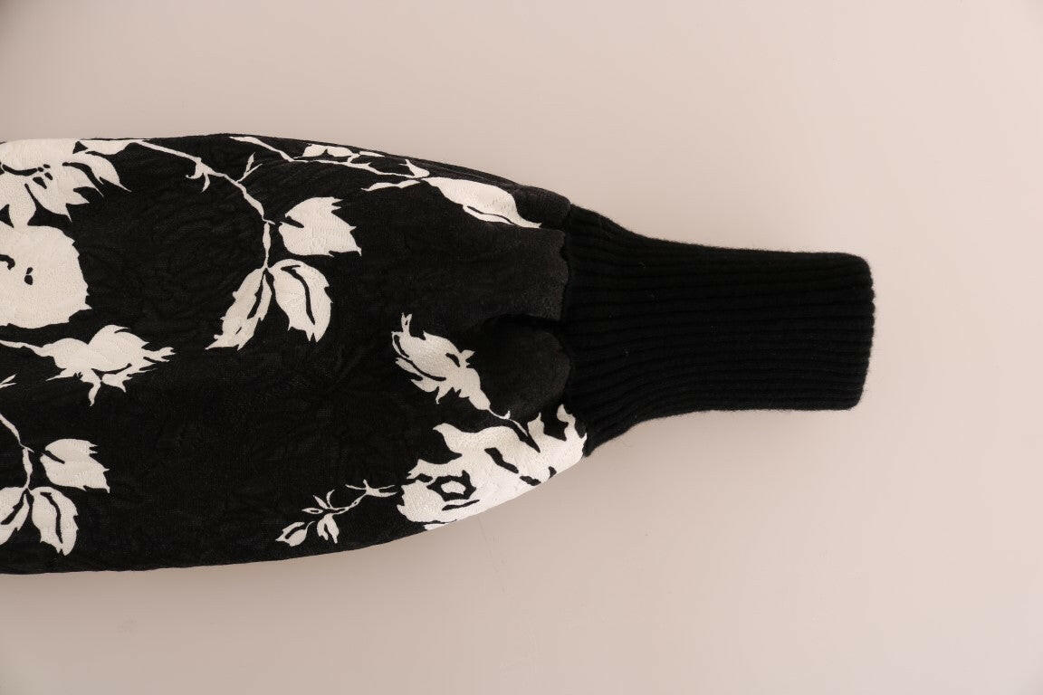 Dolce &amp; Gabbana – Schwarzer Pullover mit Reißverschluss aus Brokat mit Blumenmuster und Pelz