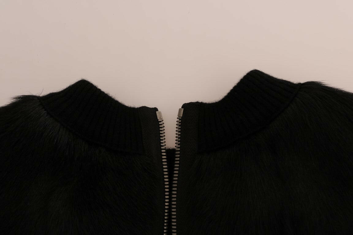 Dolce &amp; Gabbana – Schwarzer Pullover mit Reißverschluss aus Brokat mit Blumenmuster und Pelz