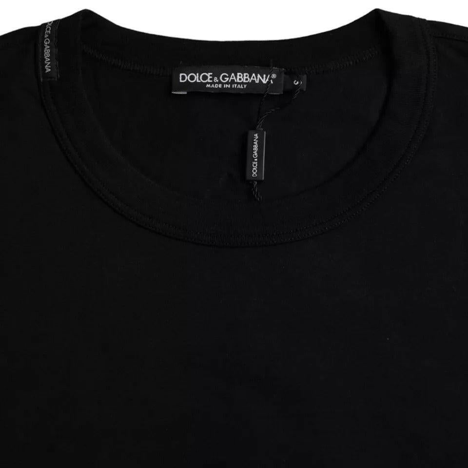 Dolce &amp; Gabbana – Schwarzes Baumwoll-T-Shirt mit Rundhalsausschnitt und Logoprägung