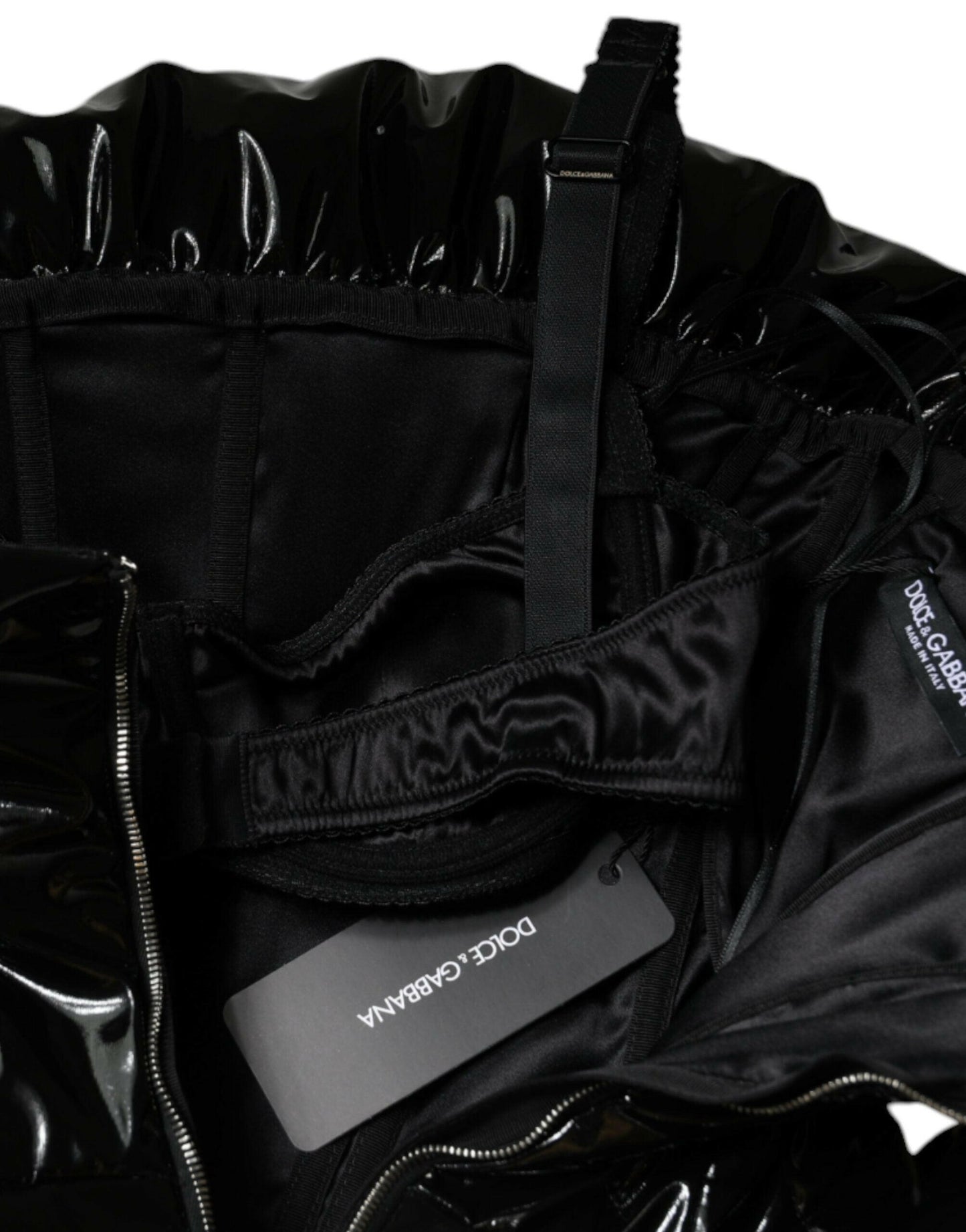 Dolce &amp; Gabbana – Schwarzes, gerüschtes, beschichtetes Minikleid aus Polyester