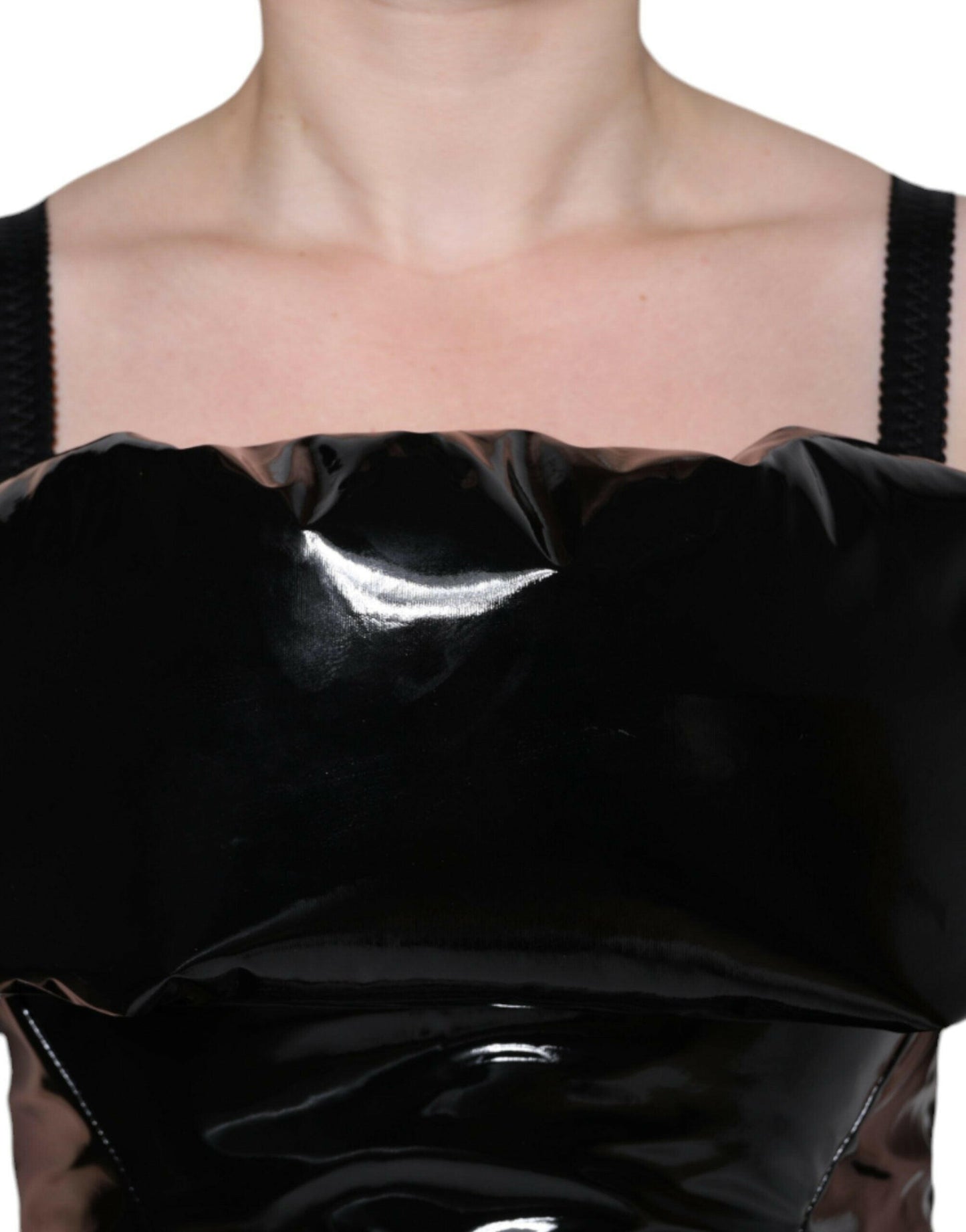 Dolce &amp; Gabbana – Schwarzes, gerüschtes, beschichtetes Minikleid aus Polyester