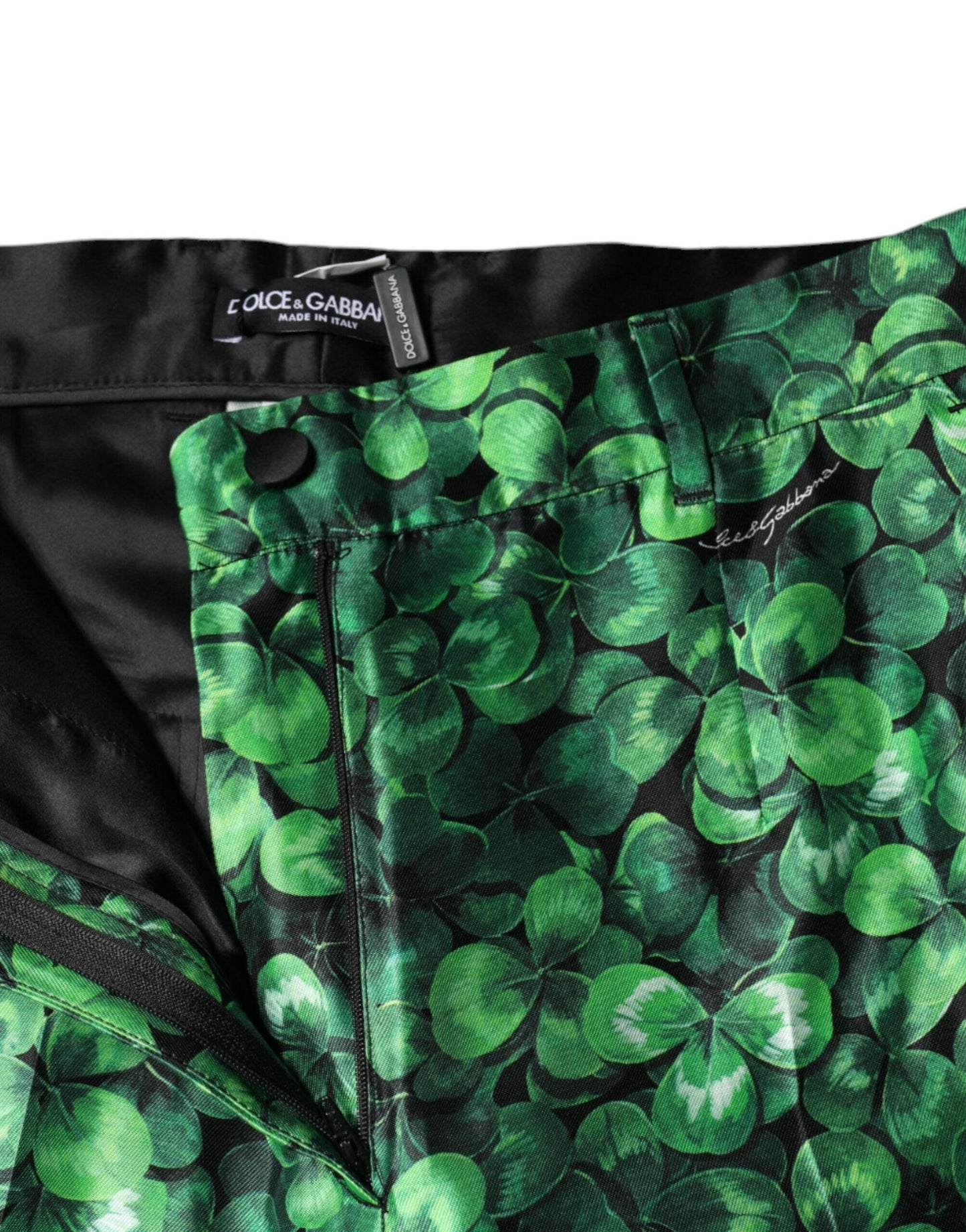 Dolce &amp; Gabbana – Karottenhose aus Seidensatin mit hohem Bund in Grün mit Kleeblatt-Print