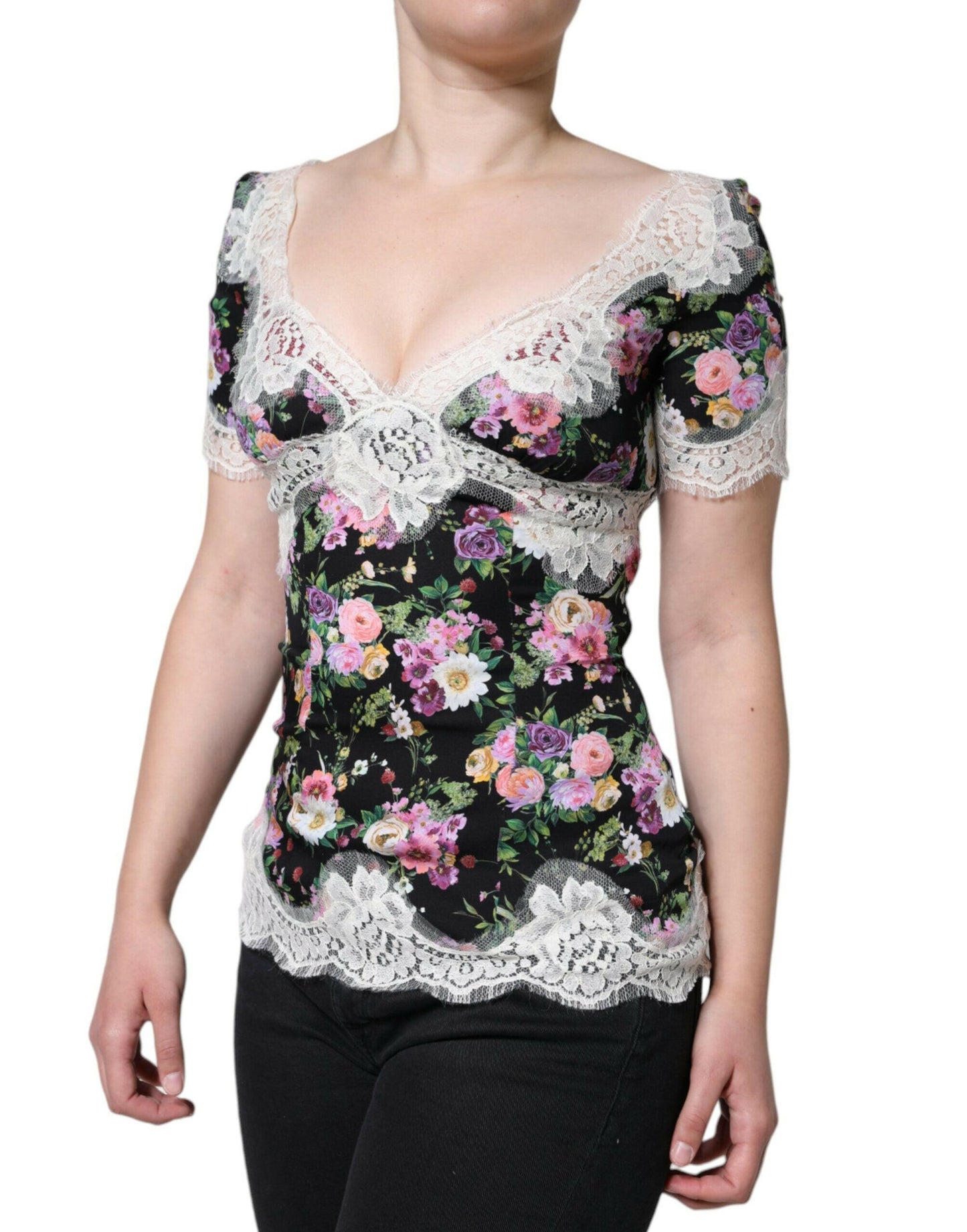 Dolce &amp; Gabbana – Schwarze Bluse mit Blumenspitze und kurzen Ärmeln
