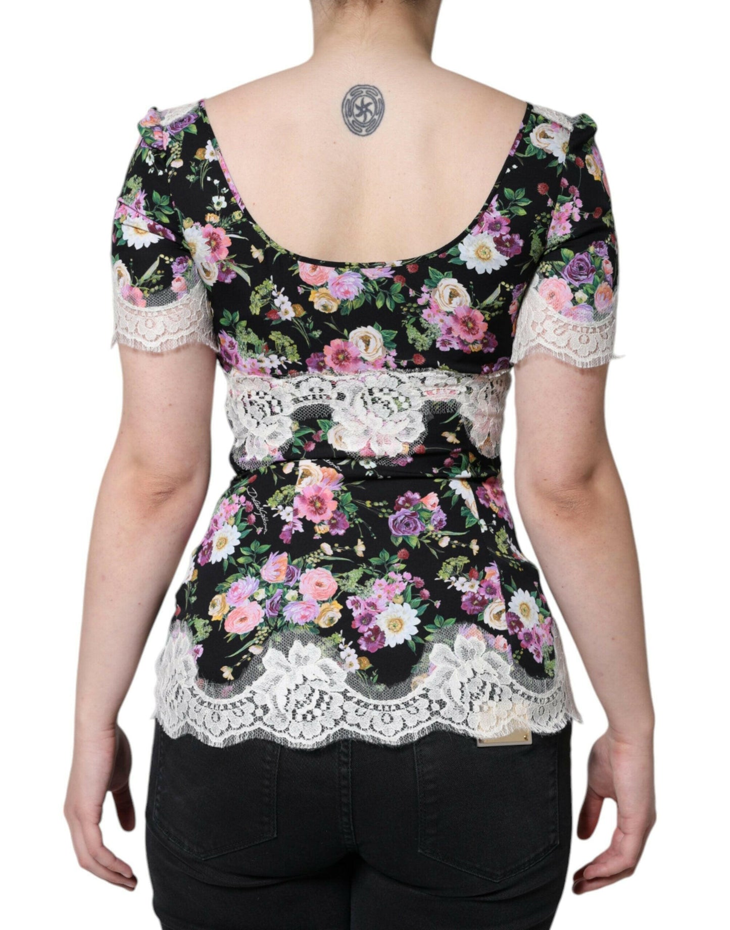 Dolce &amp; Gabbana – Schwarze Bluse mit Blumenspitze und kurzen Ärmeln