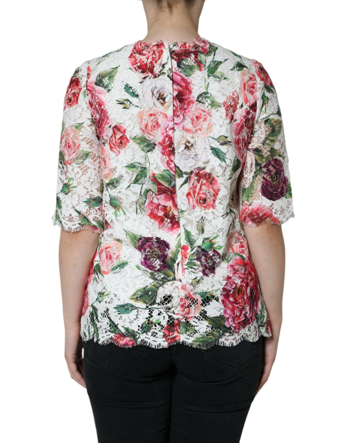 Dolce &amp; Gabbana – Kurzärmliges Blusentop mit weißer Pfingstrosenspitze