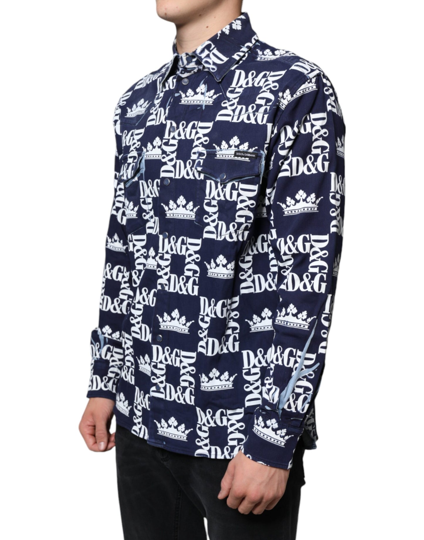Dolce &amp; Gabbana – Slim Fit-Baumwollhemd mit blauem Kronen-Logo-Print