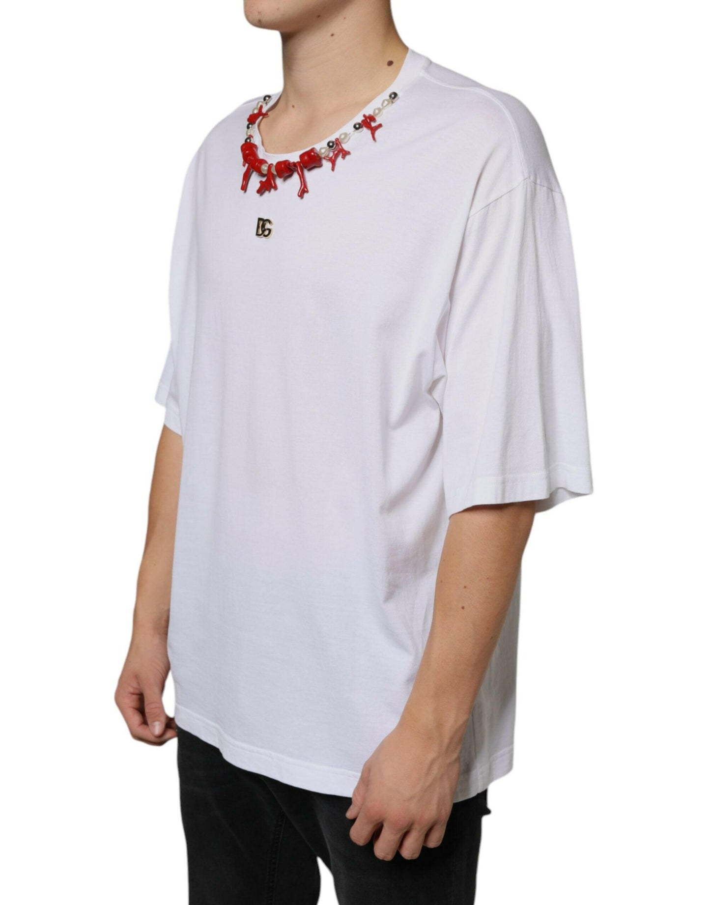 T-shirt en coton blanc orné d'un collier Dolce &amp; Gabbana